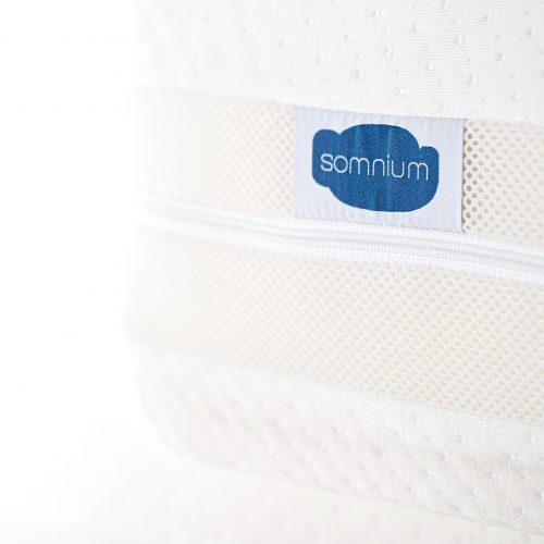 Somnium mattress with white zippered cover and Somnium logo